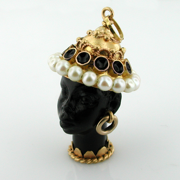 18K Gold Blackamoor Pearl Vintage Charm Pendant