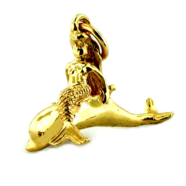 Mermaid Riding on a Dolphin 14k Gold Charm