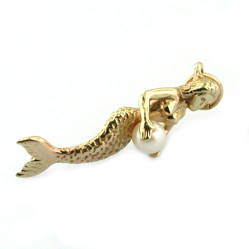  Mermaid Holding a Pearl 14K Gold Charm Pendant