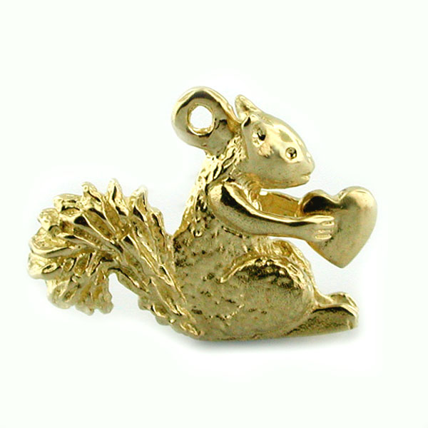 Squirrel Holding Heart 14K Gold Charm