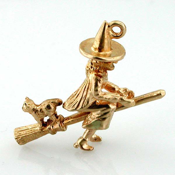  Witch & Cat on Broom Movable 14K Gold Charm