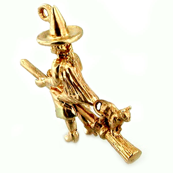  Witch & Cat on Broom Movable 14K Gold Charm