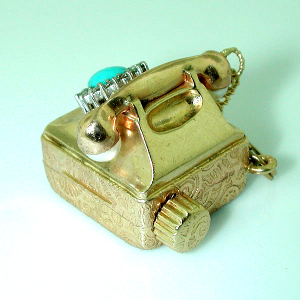 Vintage Rotary Dial Telephone Phone Music Box Diamonds Turquoise 14K Gold Charm