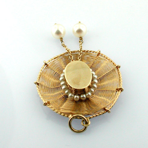 14k Gold Spanish Summer Straw Hat with Pearls Vintage Charm Pendant