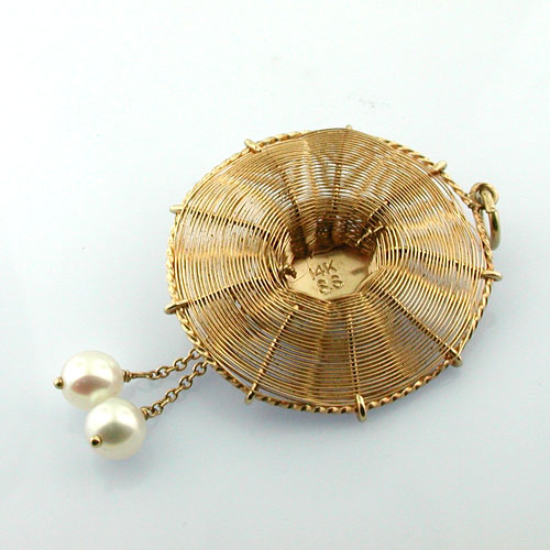 14k Gold Spanish Summer Straw Hat with Pearls Vintage Charm Pendant