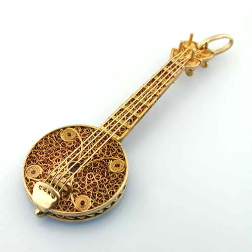 Rare Vintage 14K Gold Handmade Filigree Banjo Mandolin Musical Pendant Charm