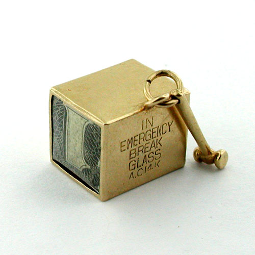 14k Gold Emergency Money Box with 14kt mini Hammer Vintage AC Charm