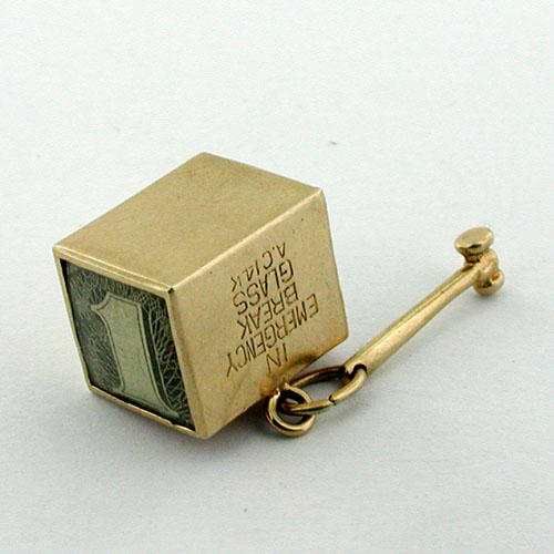 14k Gold Emergency Money Box with 14kt mini Hammer Vintage AC Charm