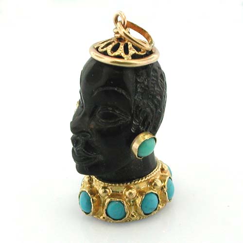 18K Gold Blackamoor Turquoise Vintage Charm Pendant