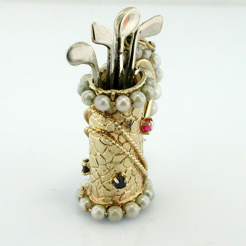 14K Gold Jeweled Pearl Golf Bag with Movable Clubs Vintage Charm Pendant