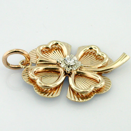Four Leaf Clover Shamrock Diamond Vintage 14K Gold Charm Pendant 