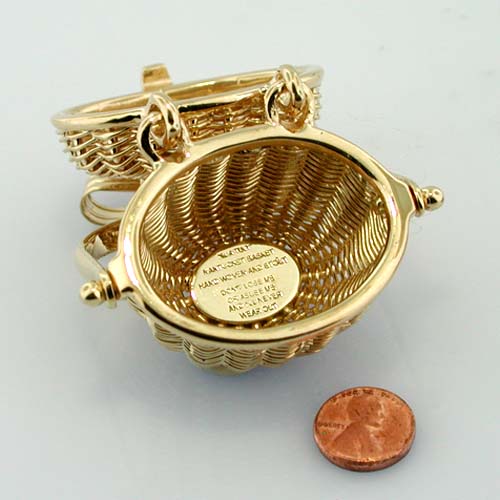 14k Gold Vintage Scrimshaw Nantucket Basket Charm Pendant with Lucky Penny