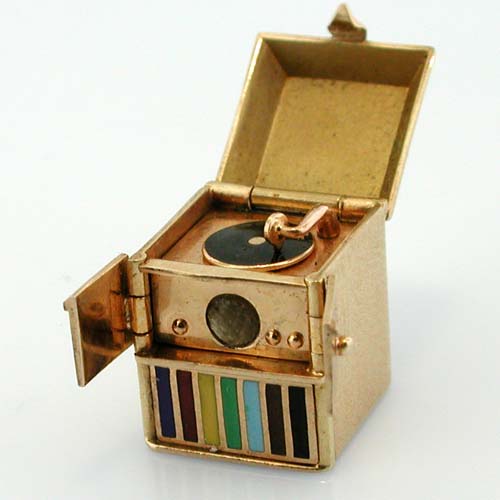 1950's Record Player Phonograph Stanhope Viewer Movable Vintage 14k Gold Charm 