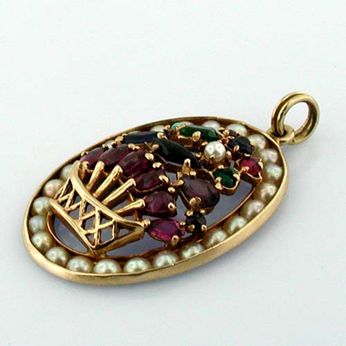 Vintage 14K Gold Pearl Gemstones Ruby Sapphire  Floral Basket Charm Pendant