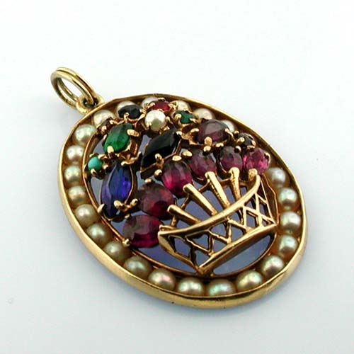 Vintage 14K Gold Pearl Gemstones Ruby Sapphire  Floral Basket Charm Pendant