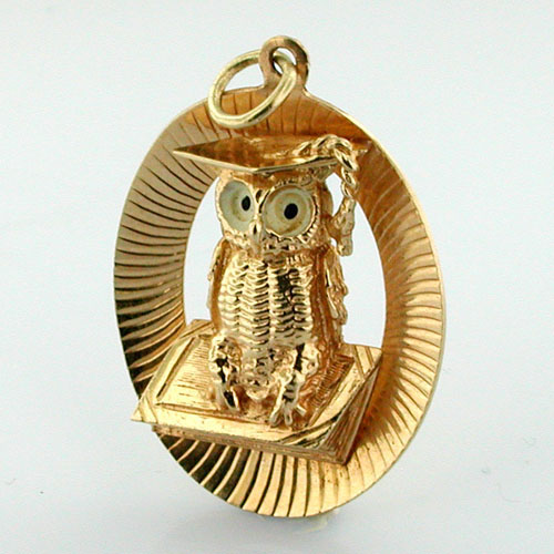 Owl Wearing a Graduation Cap Vintage AC 14k Gold Charm Pendant