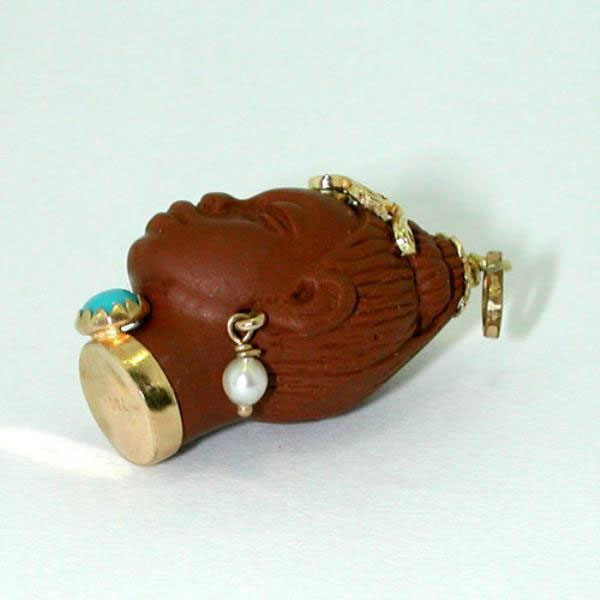 Caramel Brown Blackamoor Turquoise Pearl 18K Gold Vintage Charm Pendant
