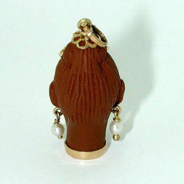 Caramel Brown Blackamoor Turquoise Pearl 18K Gold Vintage Charm Pendant