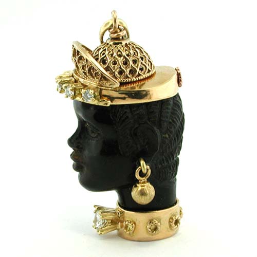 Black Coral Blackamoor Moretto 18K Gold Jeweled Diamond Vintage Charm Pendant