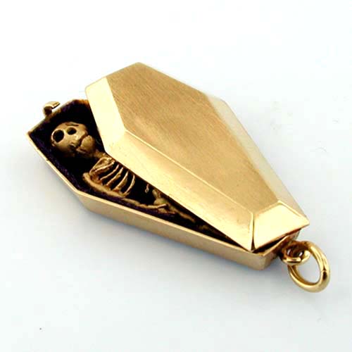 Rare Horny Skeleton in Coffin Erotic Phallic Vintage 14K Gold Charm Pendant