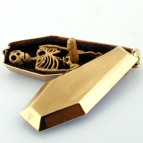 Rare Horny Skeleton in Coffin Erotic Phallic Vintage 14K Gold Charm Pendant