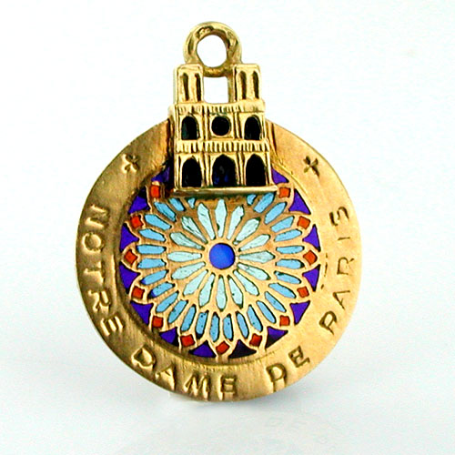 Notre Dame de Paris Plique a Jour Enamel Mosaic Vintage 18K Gold Charm