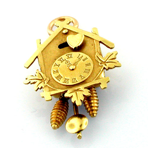 18K gold Coo Coo Cuckoo Clock Movable Heart Vintage Charm