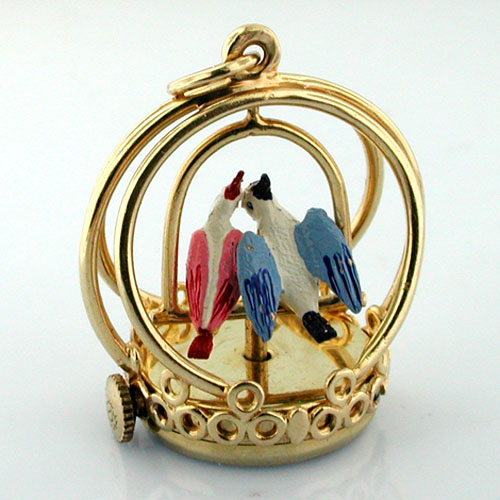 Vintage 14K Gold Spinning Love Birds Dankner Living Charm Mechanical Pendant