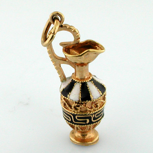 18K Gold Ornate Enamel Greek Design Vase Pitcher Charm Pendant