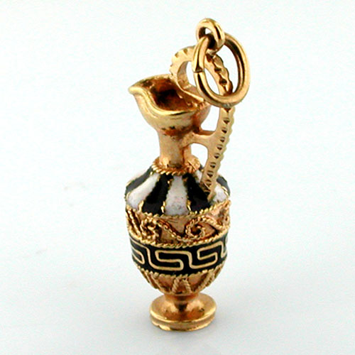 18K Gold Ornate Enamel Greek Design Vase Pitcher Charm Pendant