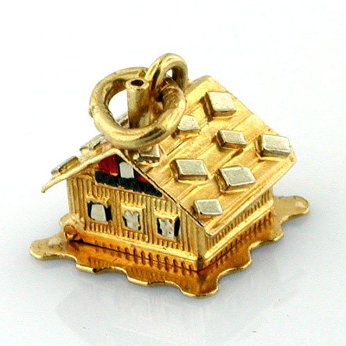 18K Gold Swiss Cabin Chalet Enameled Vintage Movable Charm