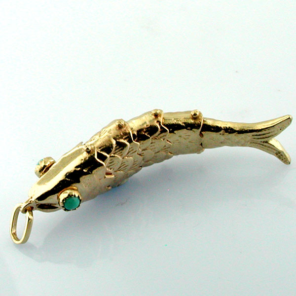 14K Gold Jeweled Turquoise Eyes Fish  Movable Vintage Charm Pendant