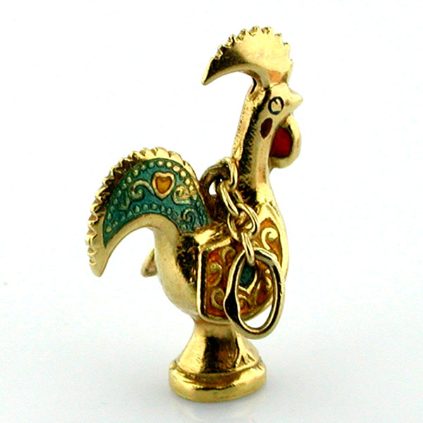 18K Gold Portuguese Rooster Vintage Enamel Charm 
