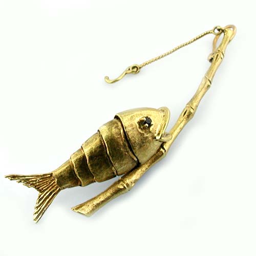 Rare Bamboo Fishing Pole with Movable Fish & Hook Vintage 14k Gold Charm Pendant