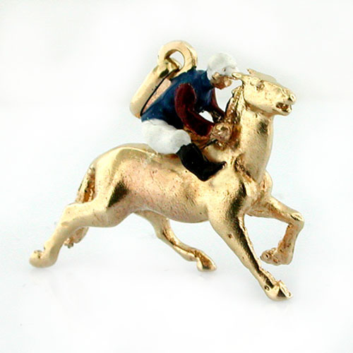 Thoroughbred Horse Race Enameled Jockey Vintage 14k Gold Charm Pendant