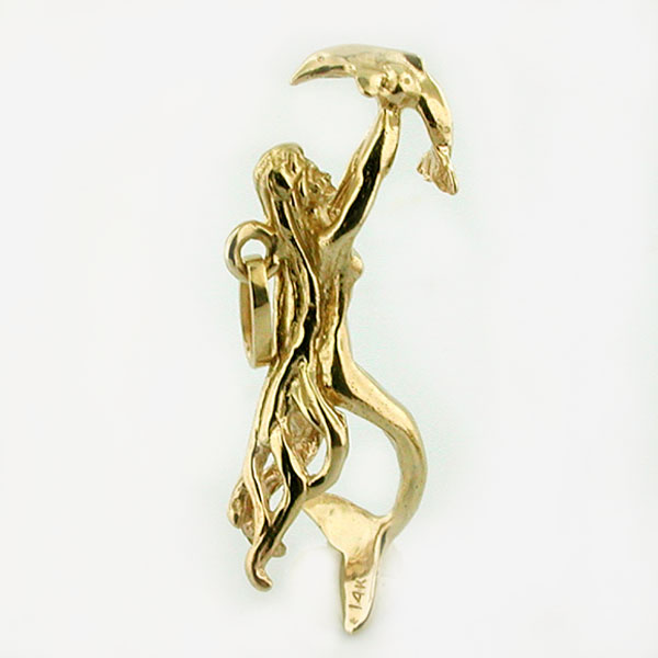Mermaid with Dolphin 14K Gold Charm Pendant