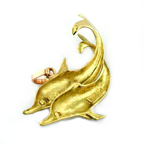 Pair of Dolphins 18k Gold Vintage Charm Pendant  