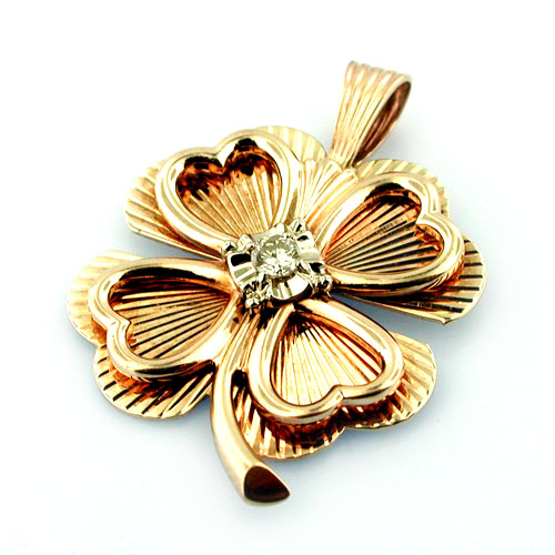 Four Leaf Clover Shamrock Diamond 14K Gold Charm Pendant 