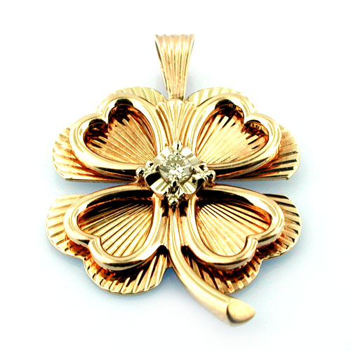 Four Leaf Clover Shamrock Diamond 14K Gold Charm Pendant 