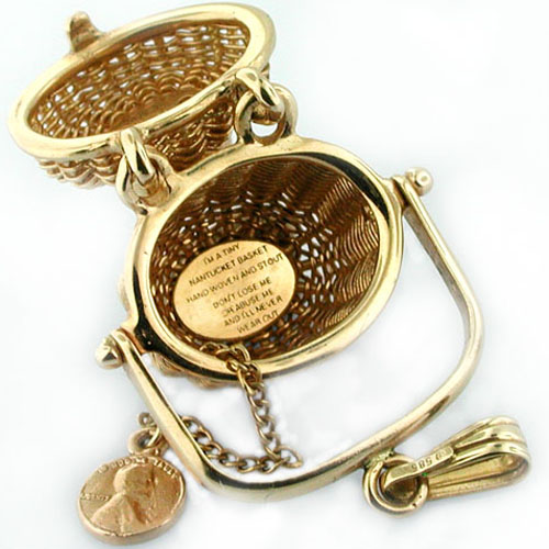 14k Gold Vintage American Scrimshaw Nantucket Basket Charm Pendant 14kt Lucky Penny