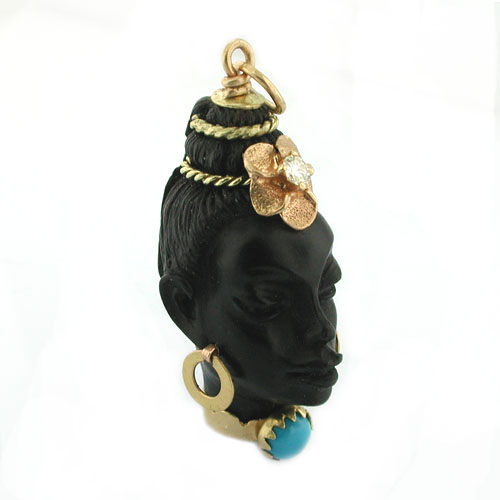 Blackamoor 18K Gold Flower Diamond Turquoise Vintage Charm Pendant