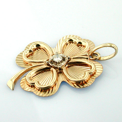 Four Leaf Clover Shamrock Diamond Vintage 14K Gold Charm Pendant 