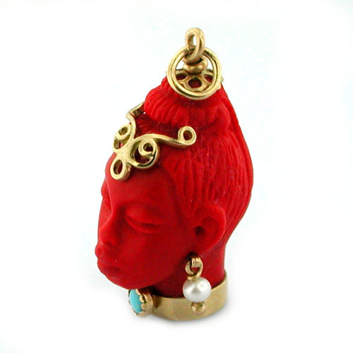 Red Blackamoor Turquoise Pearl Vintage 18K Gold Charm Pendant