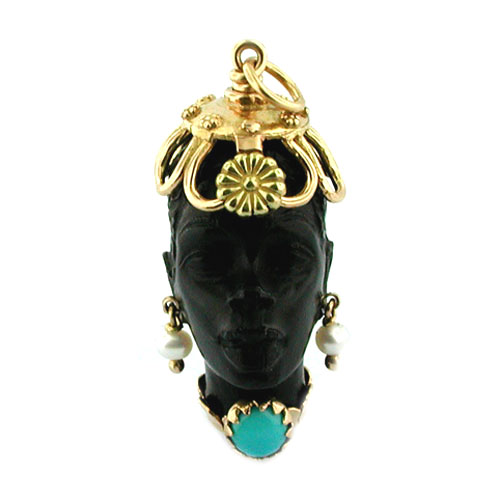 18K Gold Blackamoor Turquoise Pearl Charm Pendant