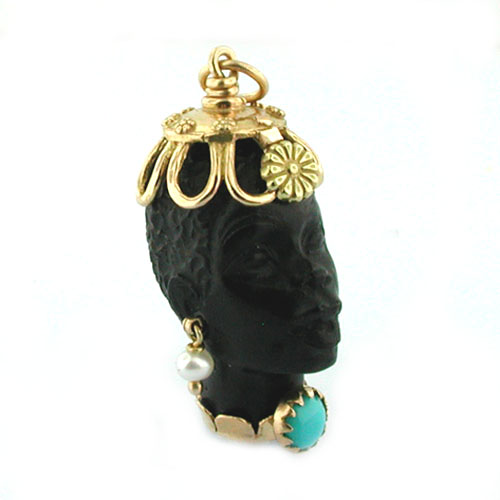 18K Gold Blackamoor Turquoise Pearl Charm Pendant