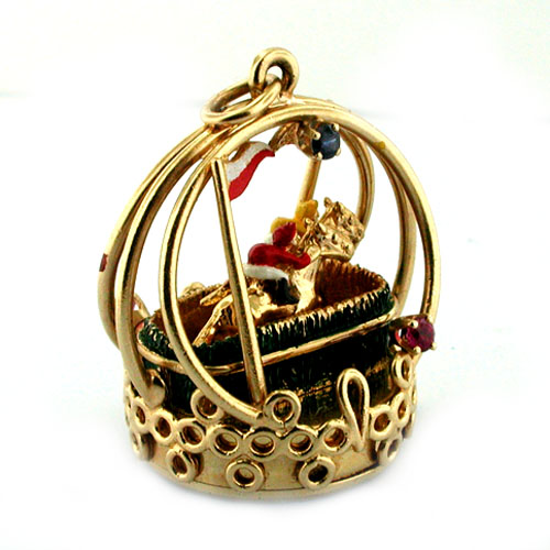 14K Gold Dankner Living Charm Mechanical Horse Racing Movable Vintage Pendant 