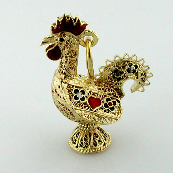 18K Gold Cock Rooster Vintage Filigree Enamel Charm Pendant - Portugal
