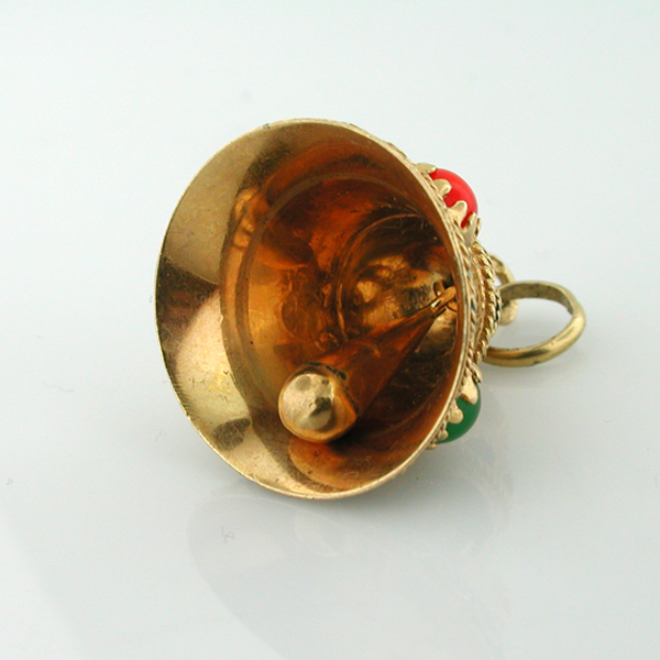 18K Gold Enameled Jeweled Bell Movable Vintage Charm
