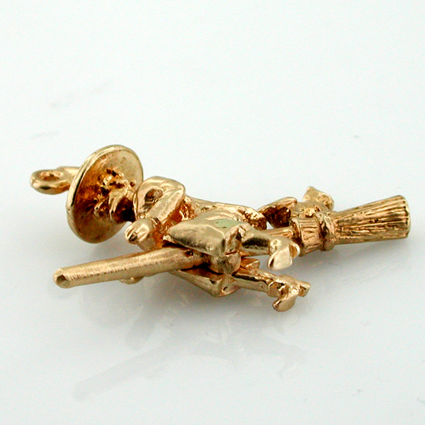 14K Gold Witch & Cat on Broom Movable Vintage Charm